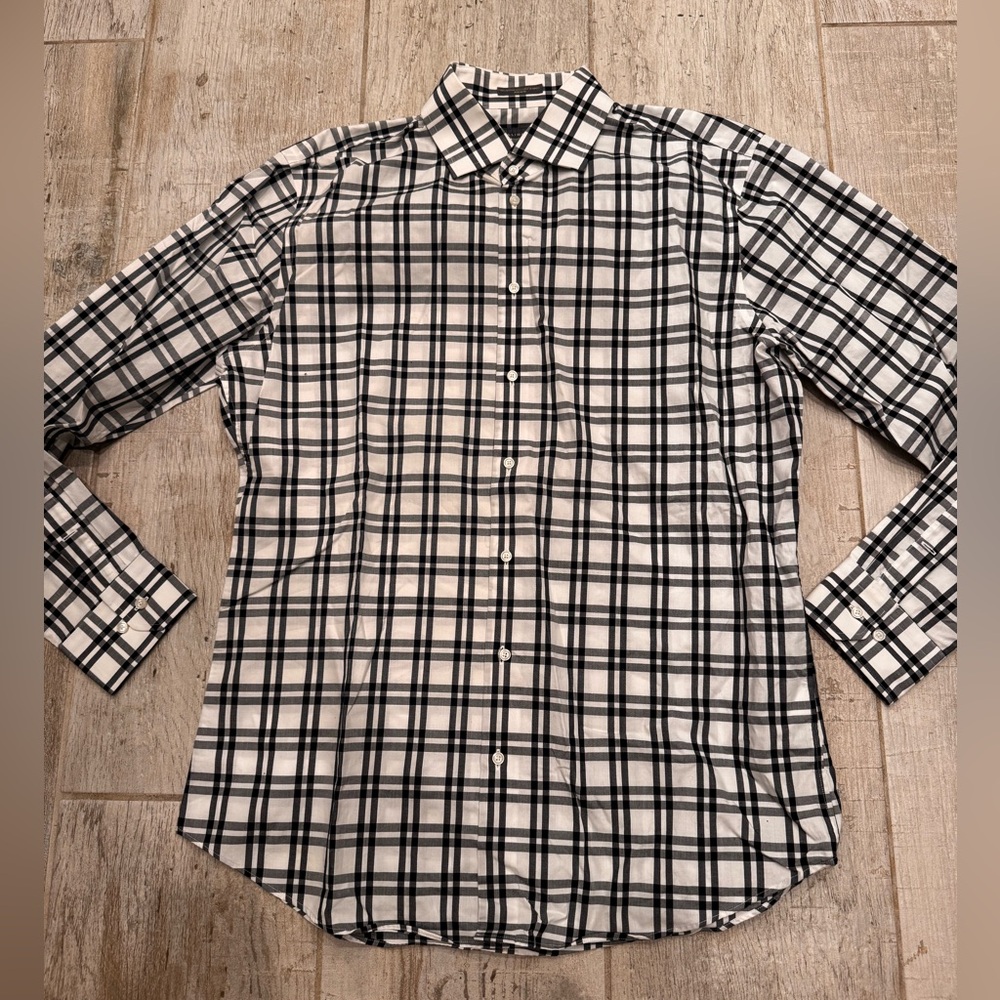 Calibrate Men's Trim Fit Black and White Plaid Dress Shirt 16.5/34-35